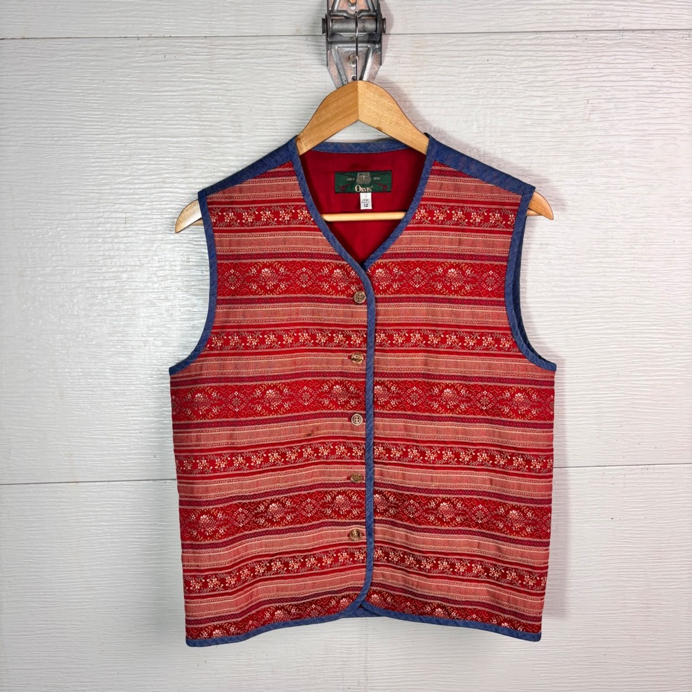 1990s Orvis Tapestry Vest Red Jacquard Denim Back Made USA Size 12